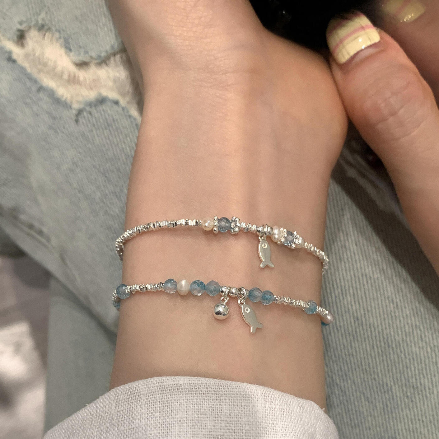 S925 Pure Silver blue crystal Small Fish freshwater Pearl Broken silver bracelet