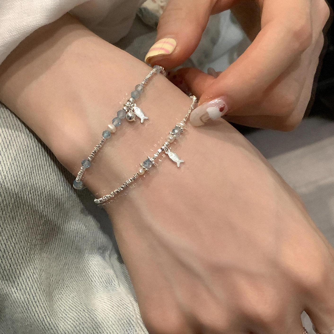 S925 Pure Silver blue crystal Small Fish freshwater Pearl Broken silver bracelet