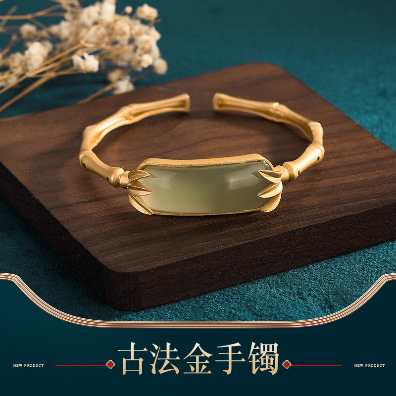 Ancient-style gilded and inlaid bracelet imitating Hetian jade with bamboo leaf green and segmented height