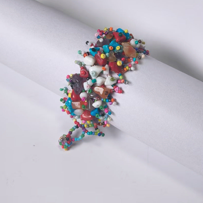 Handmade crushed stone beaded Bohemian hollowed-out rice bead crushed stone bracelet