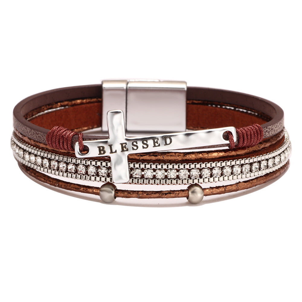 Cross bracelet with slightly set diamond magnetic clasp