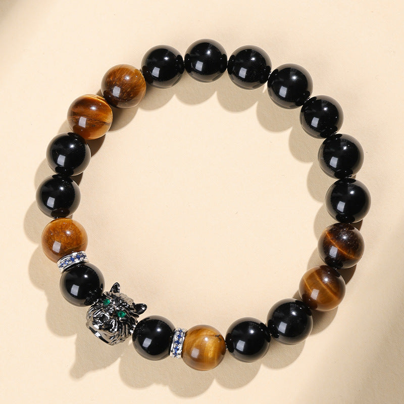 Natural tiger's eye stone zodiac year obsidian Buddhist prayer bead bracelet