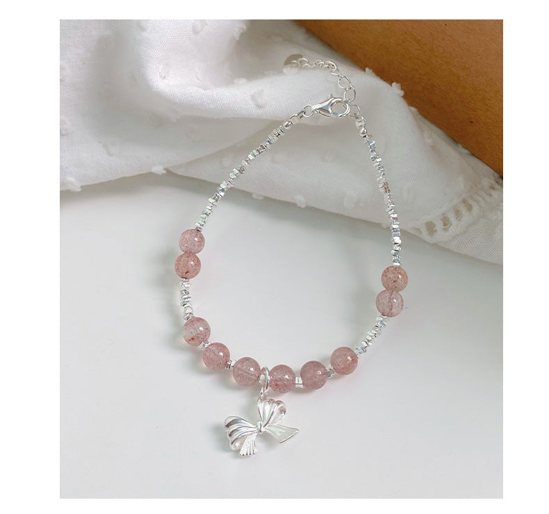 S925 sterling silver Niche design Bow Strawberry Crystal/Aquamarine Grey Moonlight bracelet