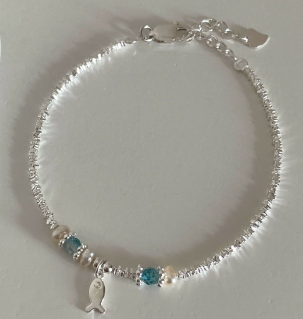 S925 Pure Silver blue crystal Small Fish freshwater Pearl Broken silver bracelet