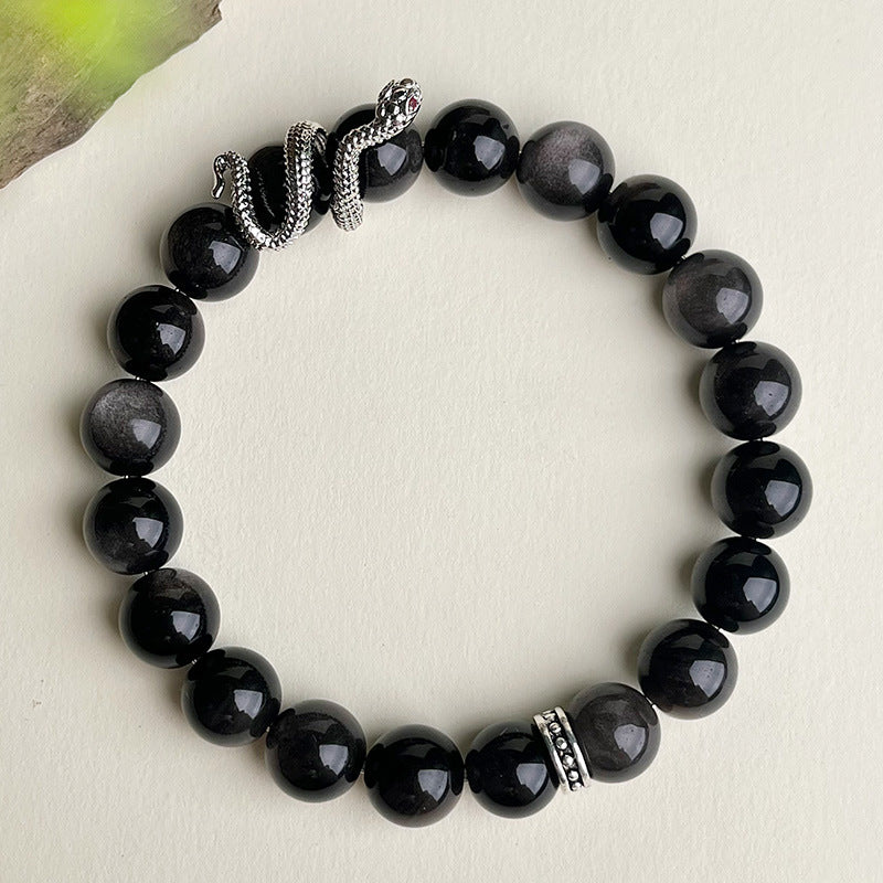 Natural tiger's eye stone zodiac year obsidian Buddhist prayer bead bracelet