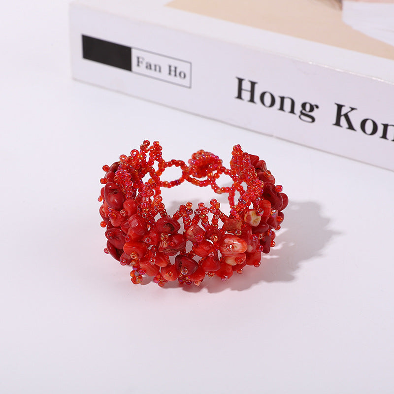 Handmade crushed stone beaded Bohemian hollowed-out rice bead crushed stone bracelet