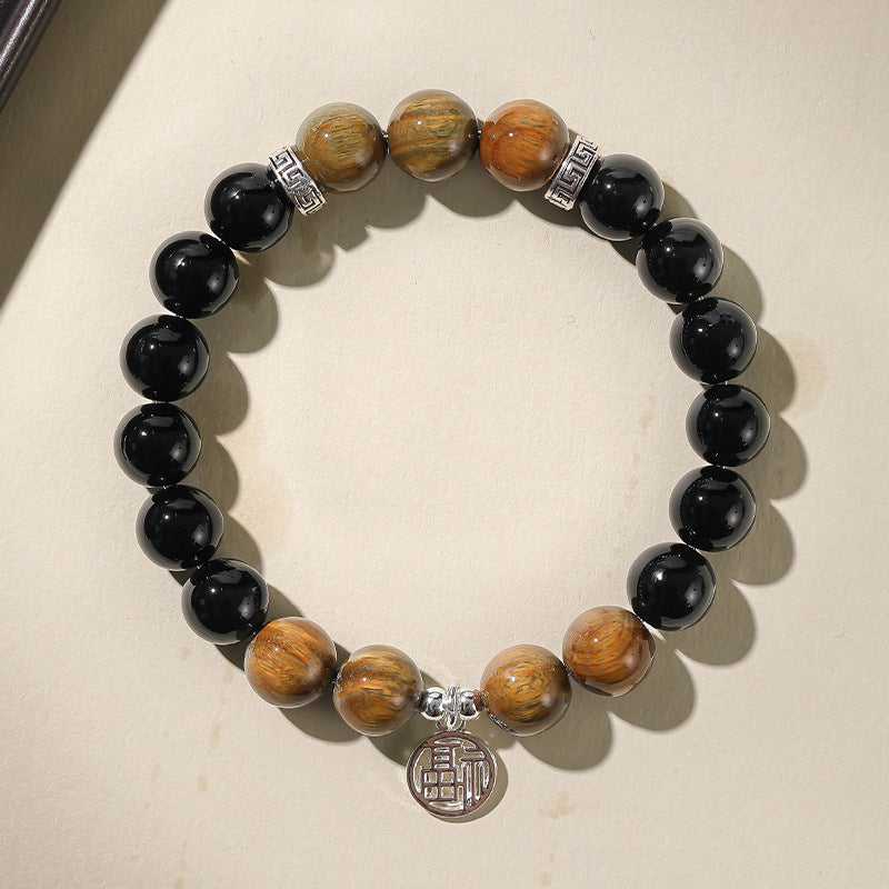 Natural tiger's eye stone zodiac year obsidian Buddhist prayer bead bracelet