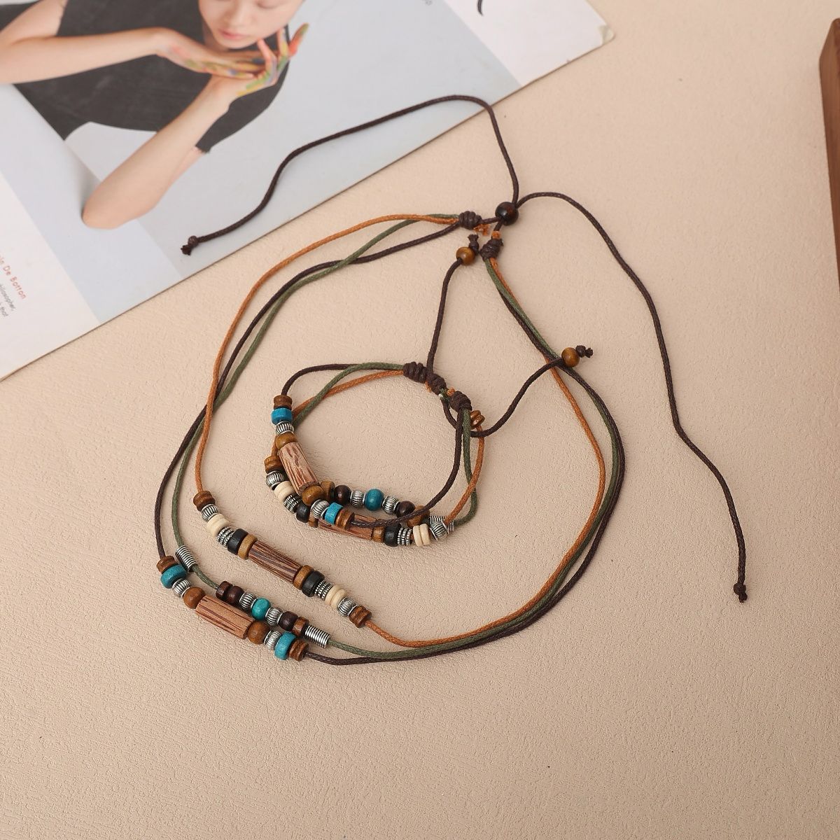 Hand-strung beaded multi-layer adjustable bracelet