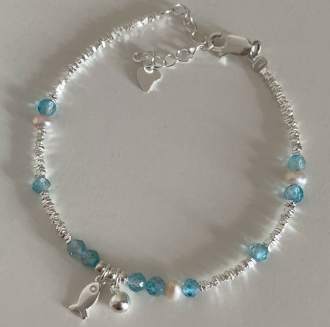 S925 Pure Silver blue crystal Small Fish freshwater Pearl Broken silver bracelet