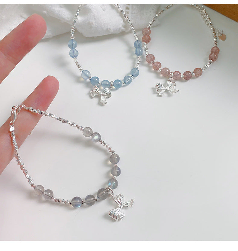 S925 sterling silver Niche design Bow Strawberry Crystal/Aquamarine Grey Moonlight bracelet