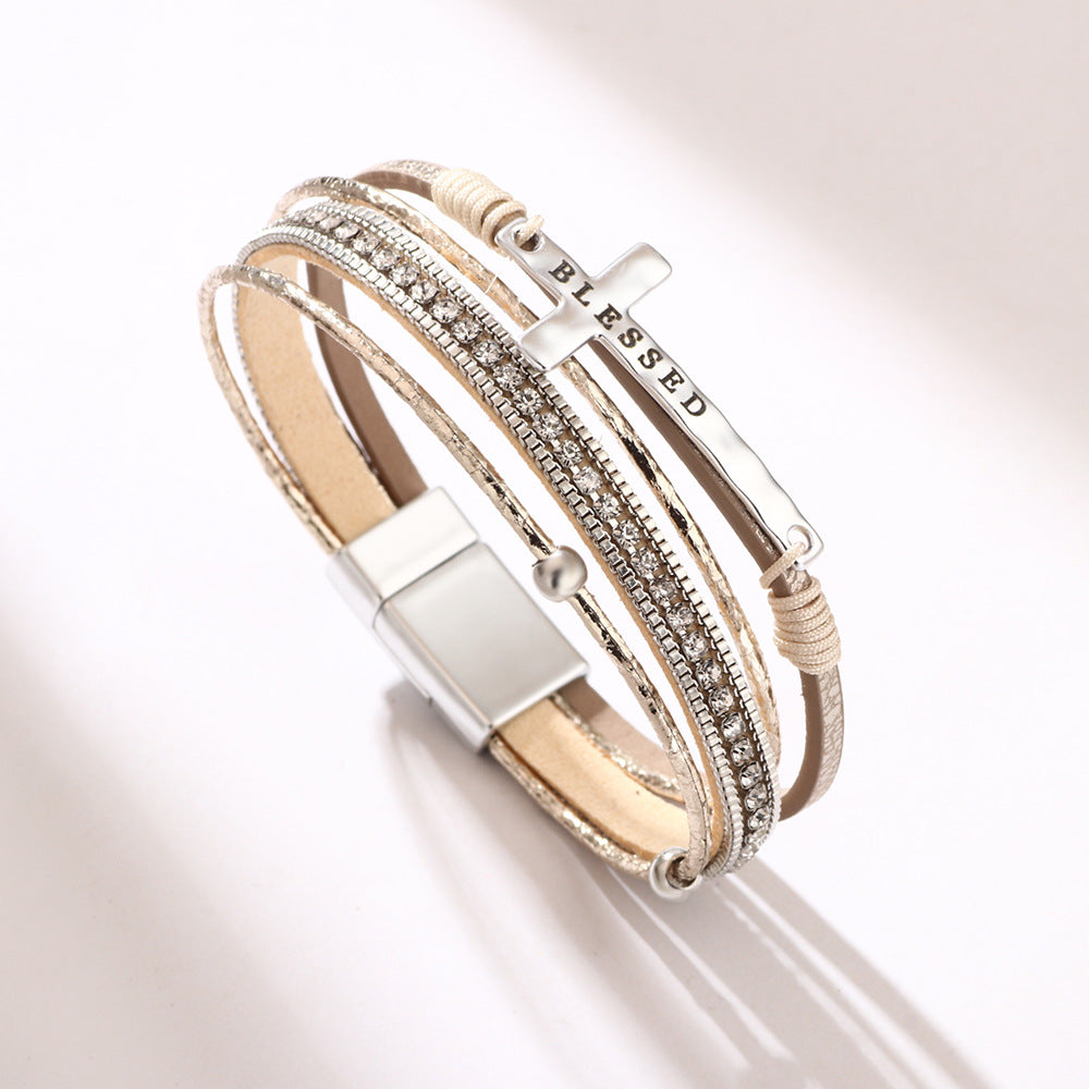 Cross bracelet with slightly set diamond magnetic clasp