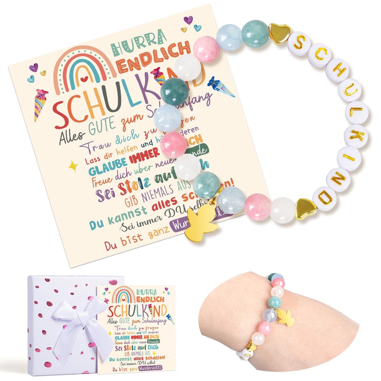Unicorn pendant, colorful acrylic rice bead bracelet