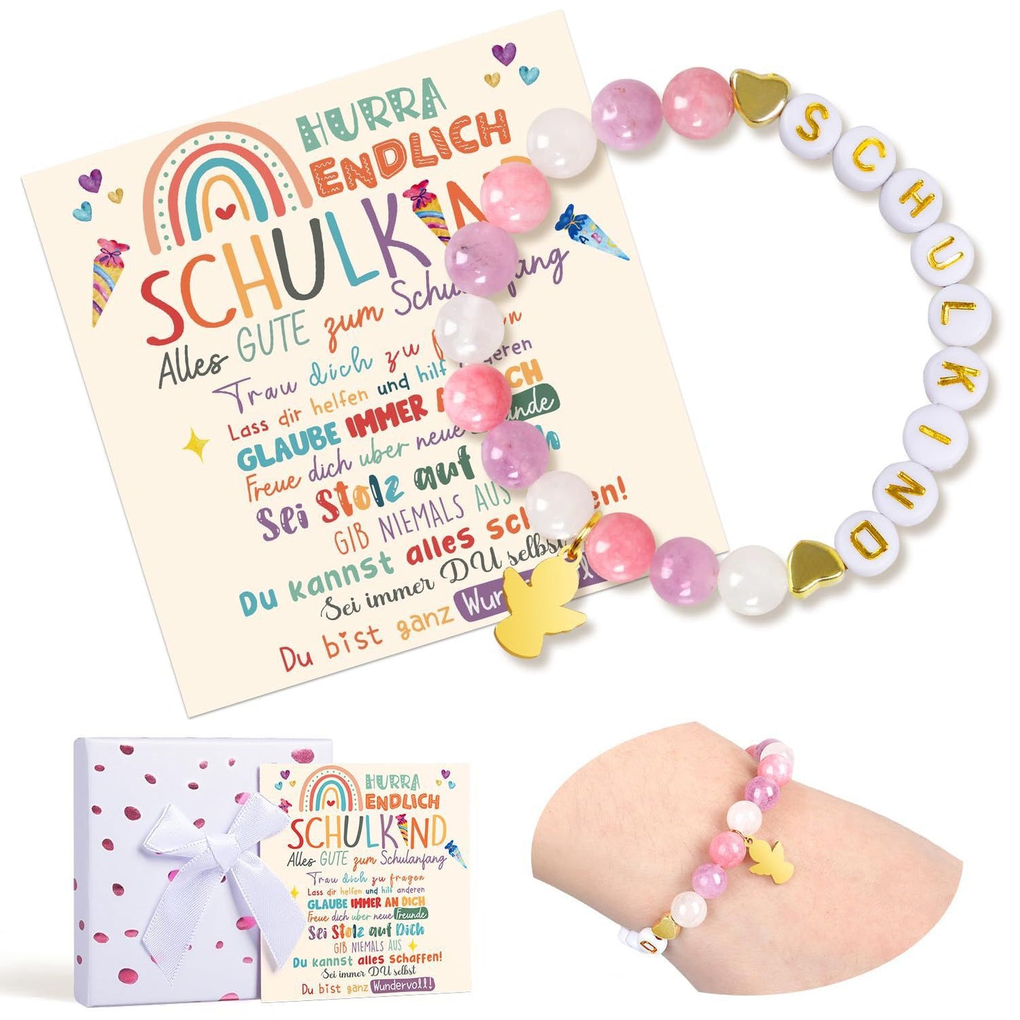 Unicorn pendant, colorful acrylic rice bead bracelet