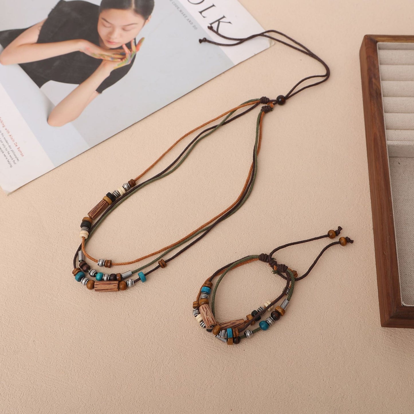 Hand-strung beaded multi-layer adjustable bracelet