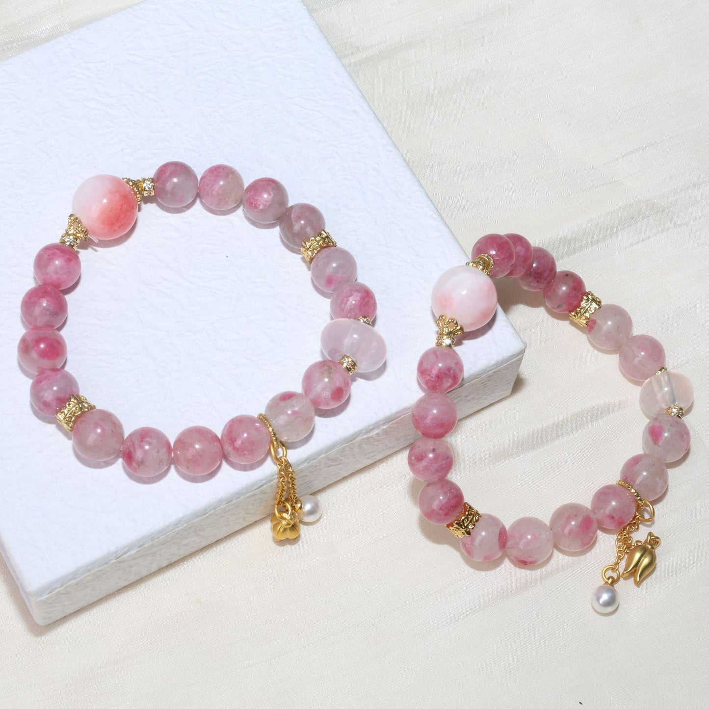 Pink cherry blossom mist, deep and light cherry blossom rain, Persian jade crystal bracelet