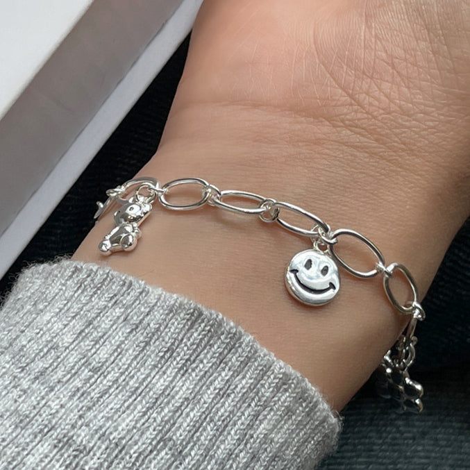 S925 sterling silver graffiti smiling face Flower bear bracelet