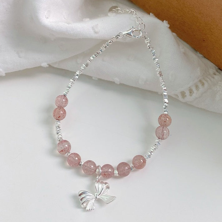 S925 sterling silver Niche design Bow Strawberry Crystal/Aquamarine Grey Moonlight bracelet