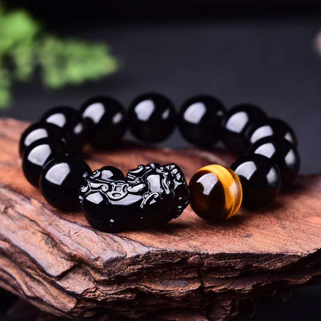Obsidian Pixiu Bracelet with Tiger's Eye Bead