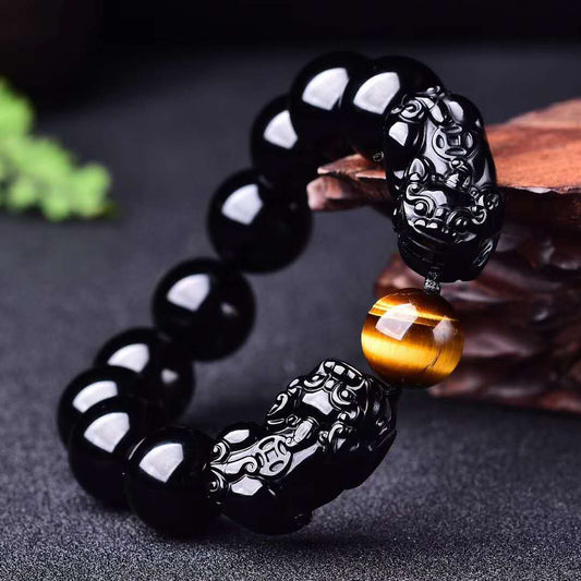Natural black gold obsidian double PI Xiu bracelet with yellow tiger's eye beads
