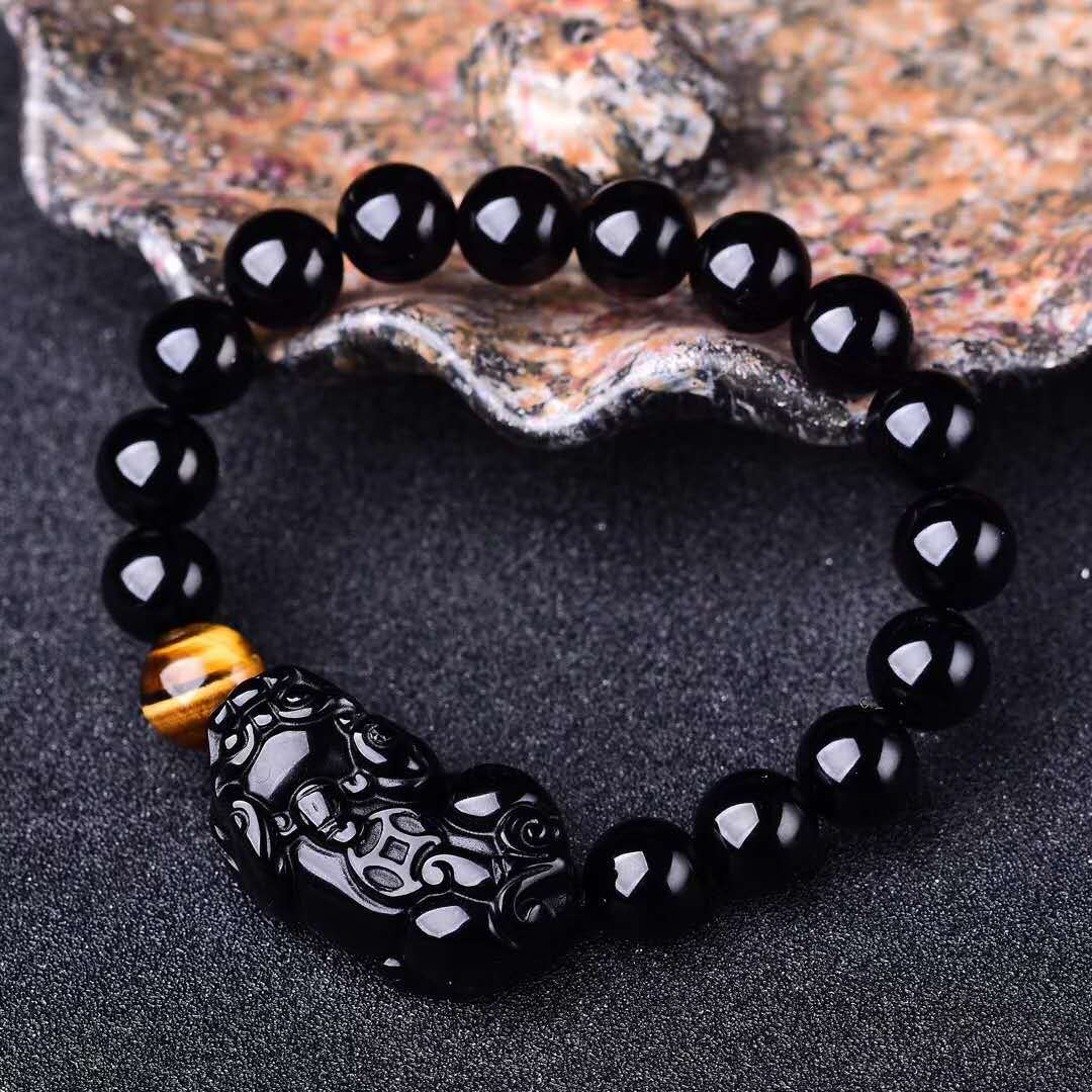 Natural black gold obsidian double PI Xiu bracelet with yellow tiger's eye beads