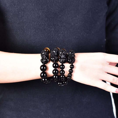 Natural black gold obsidian double PI Xiu bracelet with yellow tiger's eye beads