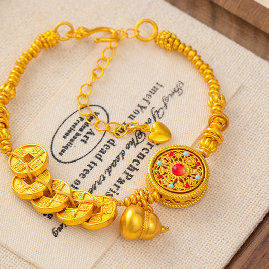 Ancient-style sand gold oil drip red and blue compass Five Emperors coin compass gourd bracelet