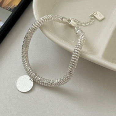 S925 sterling silver mid-style brushed round plate round woven bracelet