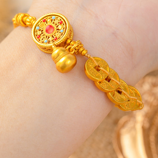 Ancient-style sand gold oil drip red and blue compass Five Emperors coin compass gourd bracelet