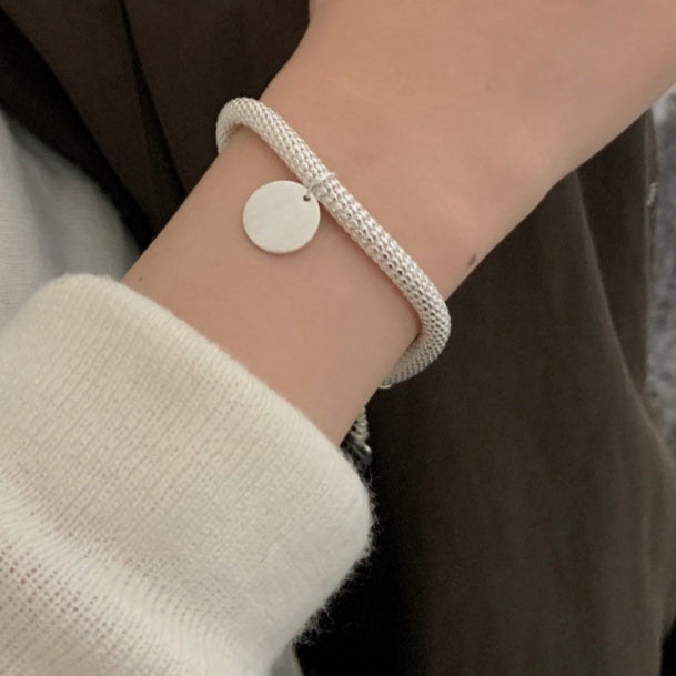 S925 sterling silver mid-style brushed round plate round woven bracelet