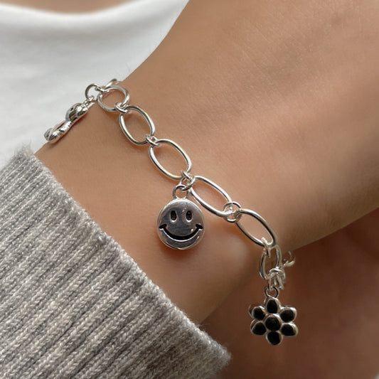 S925 sterling silver graffiti smiling face Flower bear bracelet