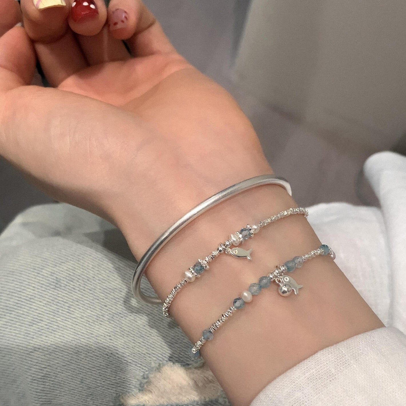 S925 Pure Silver blue crystal Small Fish freshwater Pearl Broken silver bracelet