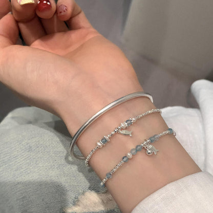 S925 Pure Silver blue crystal Small Fish freshwater Pearl Broken silver bracelet
