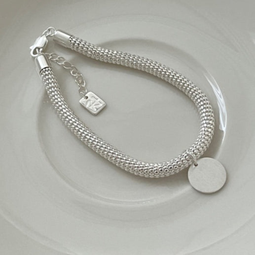 S925 sterling silver mid-style brushed round plate round woven bracelet