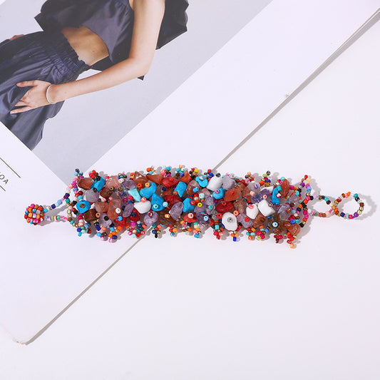 Handmade crushed stone beaded Bohemian hollowed-out rice bead crushed stone bracelet