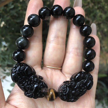 Natural black gold obsidian double PI Xiu bracelet with yellow tiger's eye beads