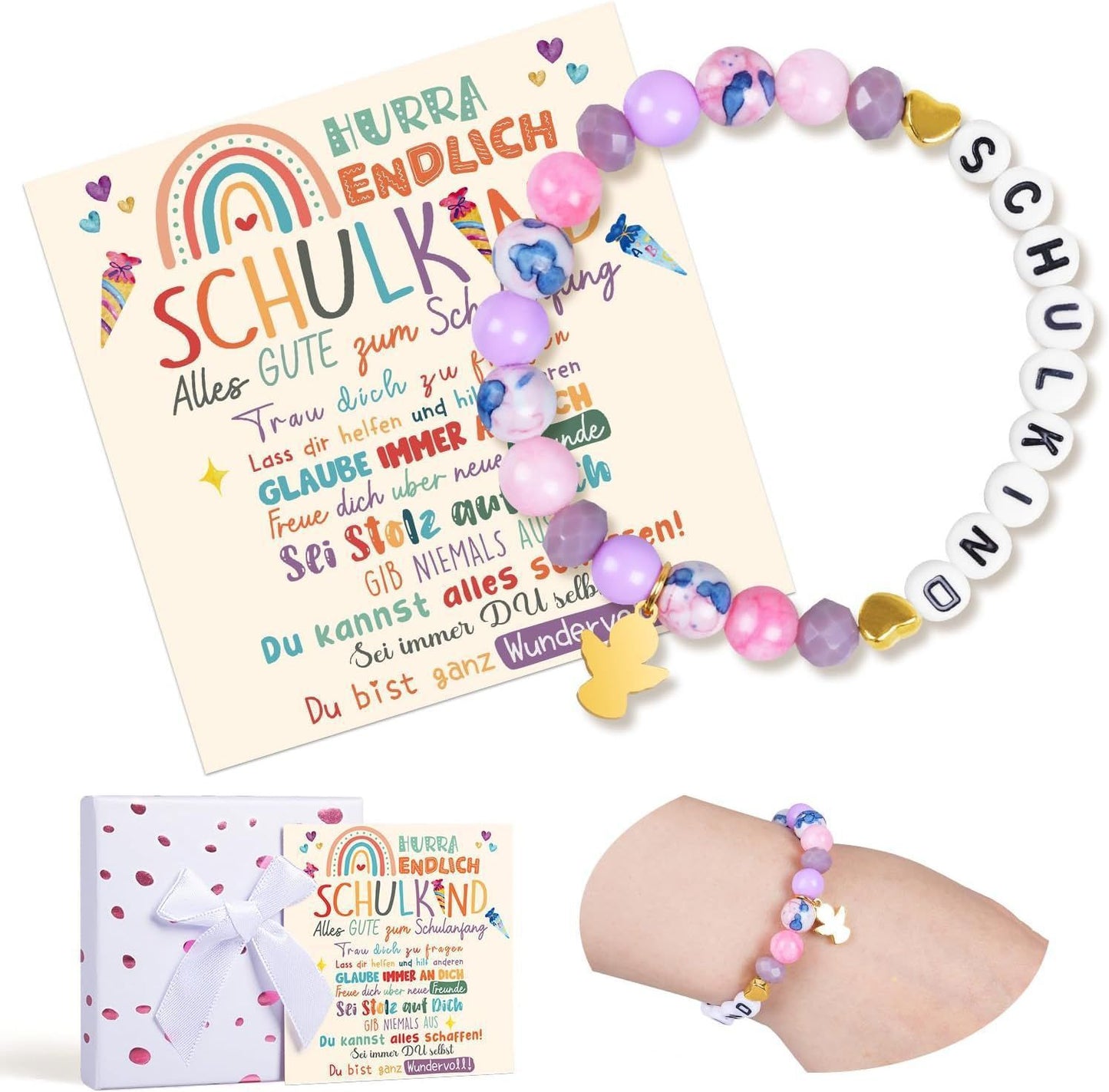 Unicorn pendant, colorful acrylic rice bead bracelet