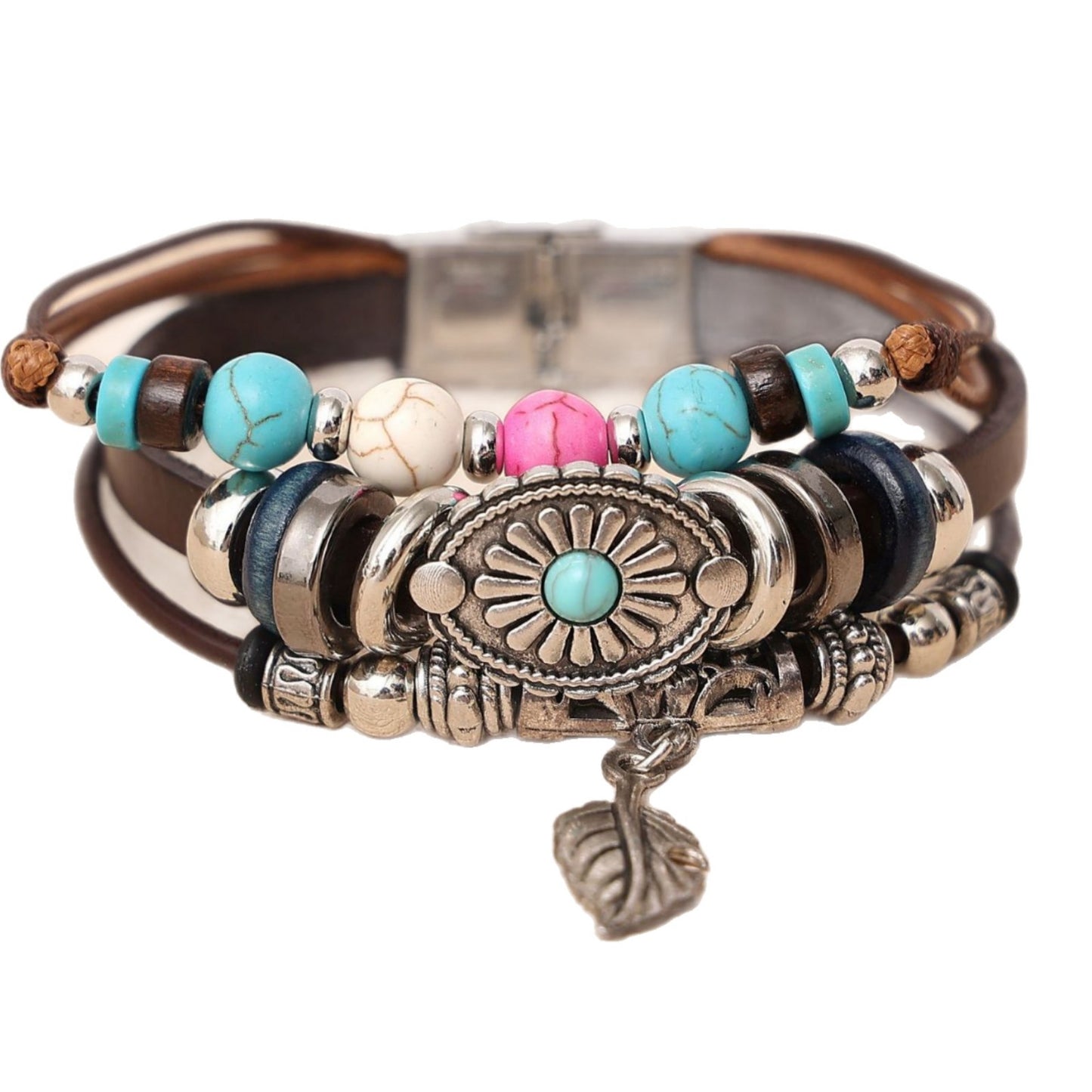 Bohemian ethnic style, retro Indian tribal style, leaf turquoise, stainless steel leather bracelet