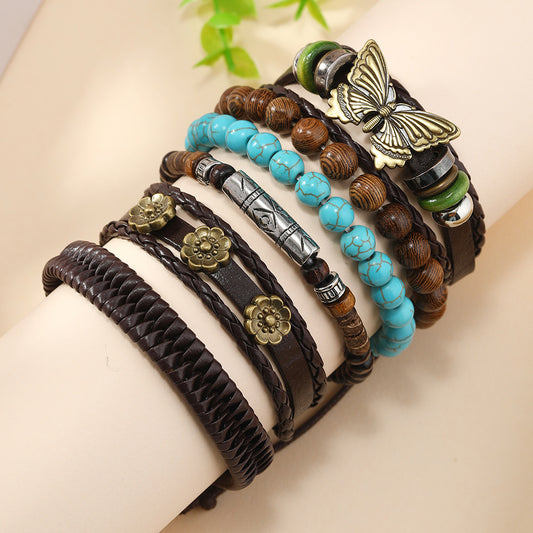 Butterfly, plum blossom, turquoise and chicken wing wood hand-woven personalized bracelet