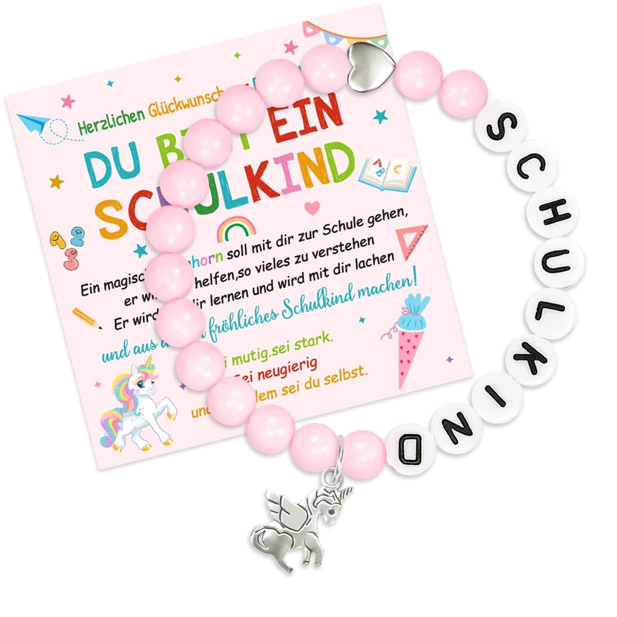 Unicorn pendant, colorful acrylic rice bead bracelet