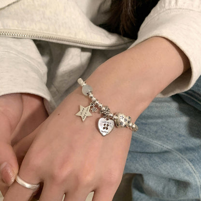 s925 sterling silver retro beaded heart star bracelet