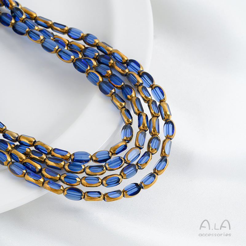 DIY loose bead handcrafted bracelet with transparent crystal glass surface and golden edge oval rice grain beads