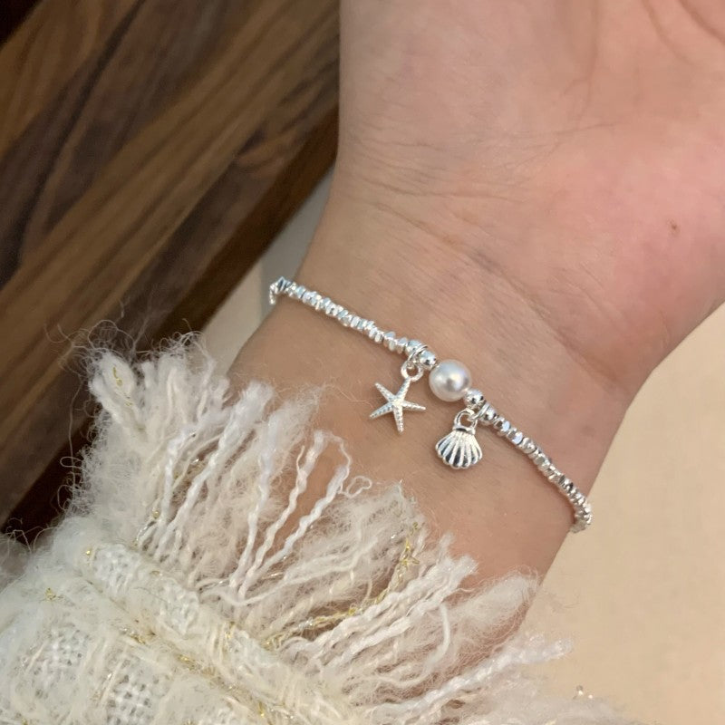 Starfish shell fragments silver pearl bracelet