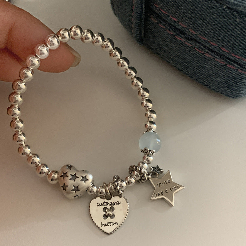 s925 sterling silver retro beaded heart star bracelet