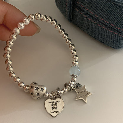 s925 sterling silver retro beaded heart star bracelet