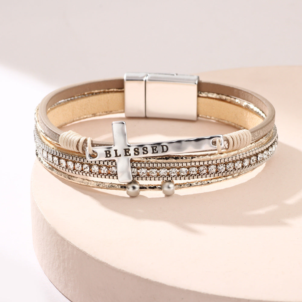 Cross bracelet with slightly set diamond magnetic clasp