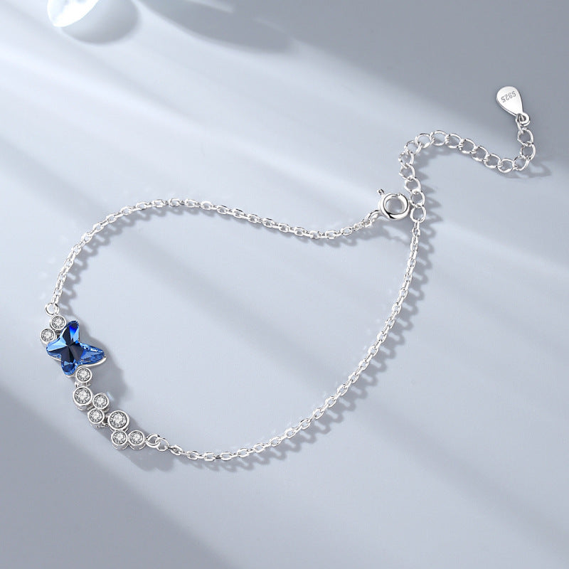 Butterfly Dance Bracelet for Women S925 Pure Silver Blue Butterfly Crystal