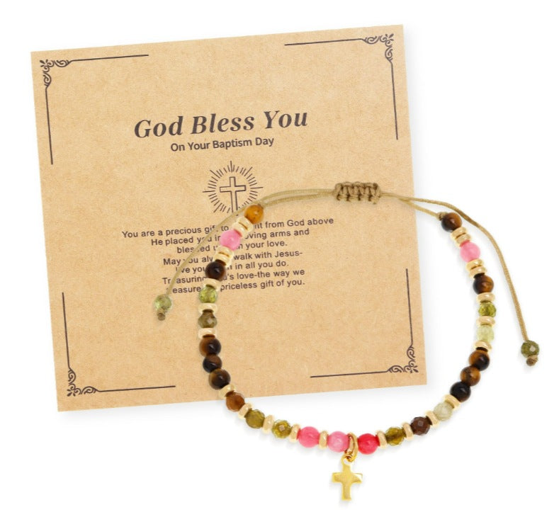 Hand-woven natural stone cross bracelet