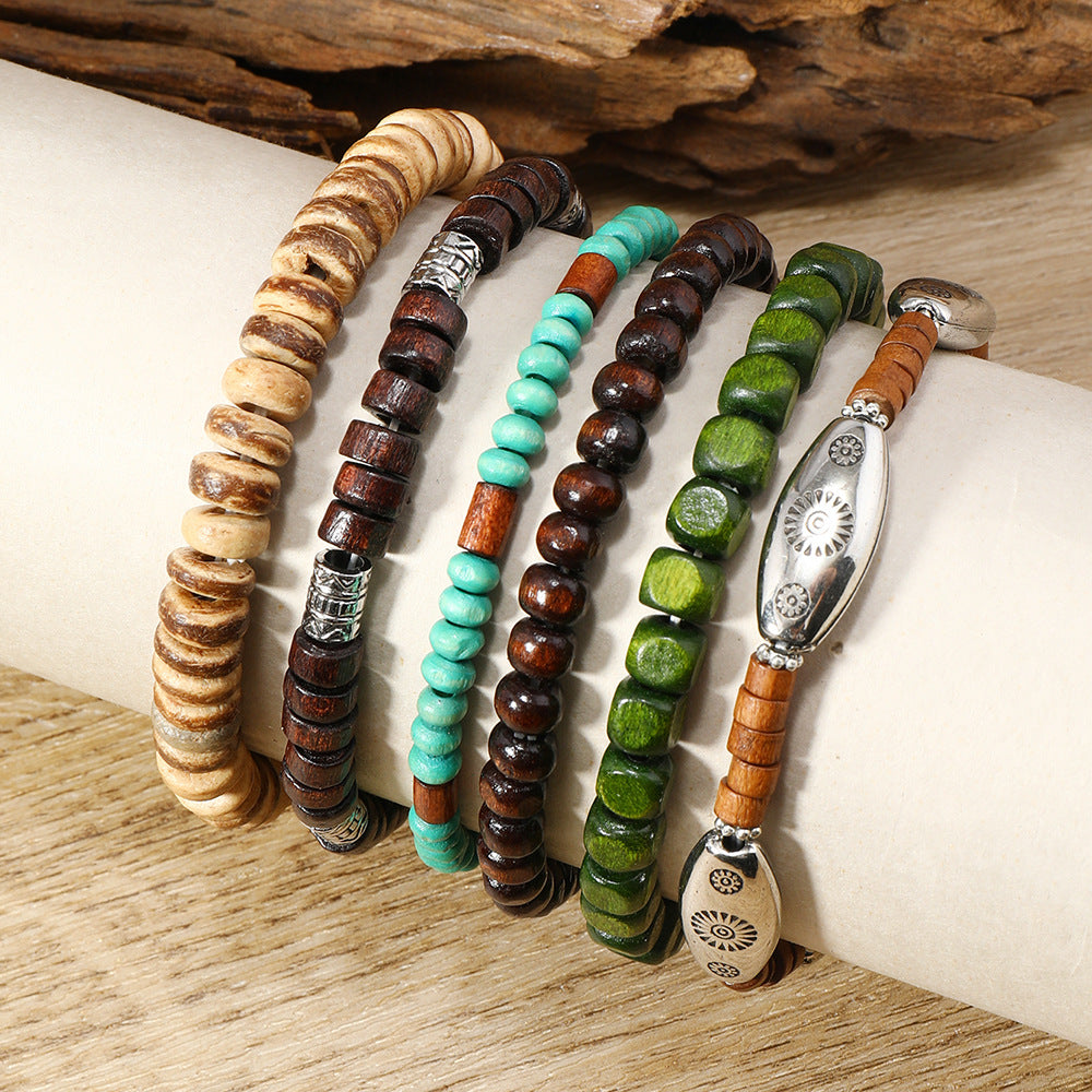 Coconut shell alloy wood bead elastic band bracelet