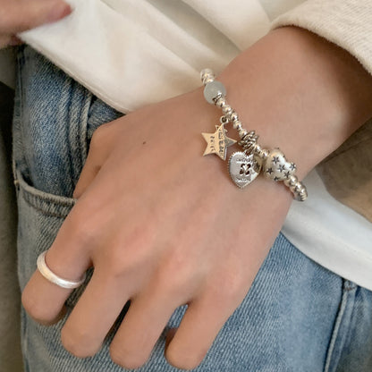 s925 sterling silver retro beaded heart star bracelet