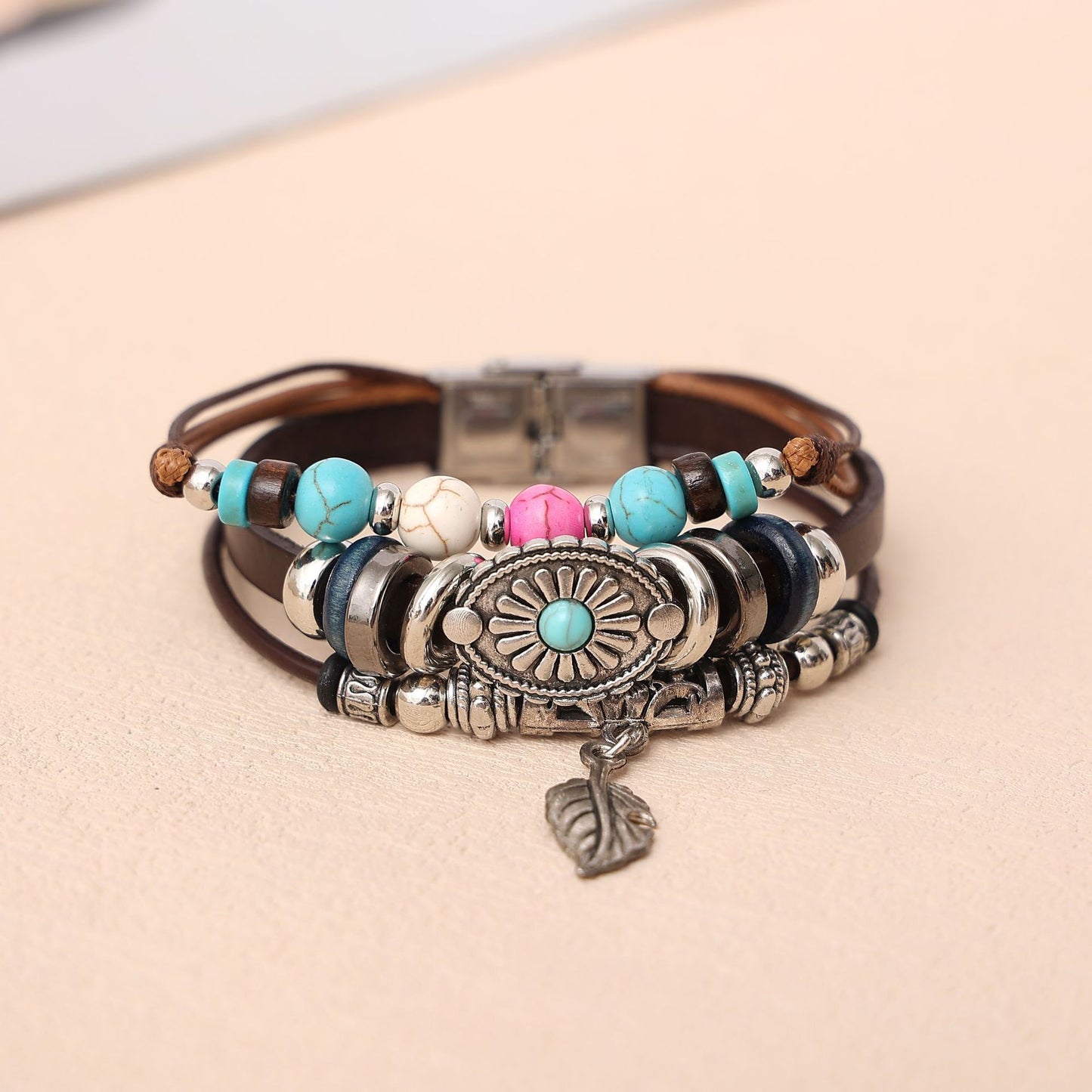 Bohemian ethnic style, retro Indian tribal style, leaf turquoise, stainless steel leather bracelet